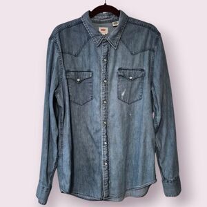 Levis Denim Pearl Snap Long Sleeve Shirt Mens XL Western Pockets Blue
